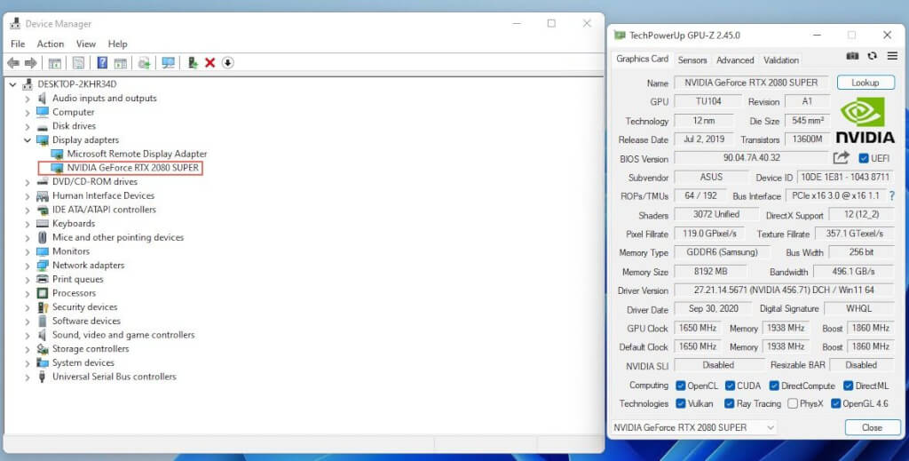 GPU-Z and Device Manager GPU